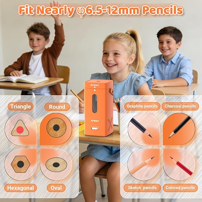AFMAT Electric Pencil Sharpener, Fully Automatic Pencil Sharpener, Auto in & Out, Rechargeable Hands-Free Sharpeners for Jumbo & Colored Pencils (6.5-12mm), Portable for Home/Classroom/Office PSC6