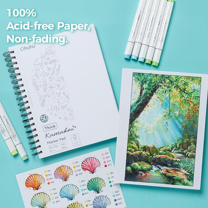 Ohuhu Double-Sided Marker Pad, Bleedproof Art Sketchbook – 7"x10" Large, 160 lb/280 gsm Heavyweight Smooth Paper – 50 Sheets/100 Pages, Spiral-Bound Drawing Book for Alcohol Markers