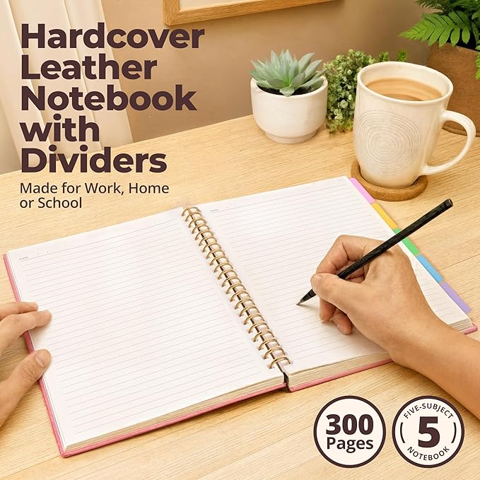 Hardcover Leather Lined Spiral Notebook 8x10" with Removable Dividers - Pink - 300 Pages 5 Subject College Ruled Notebook for Work with Tabs, Pockets, and Pen Loop for Note Taking, Large Journal