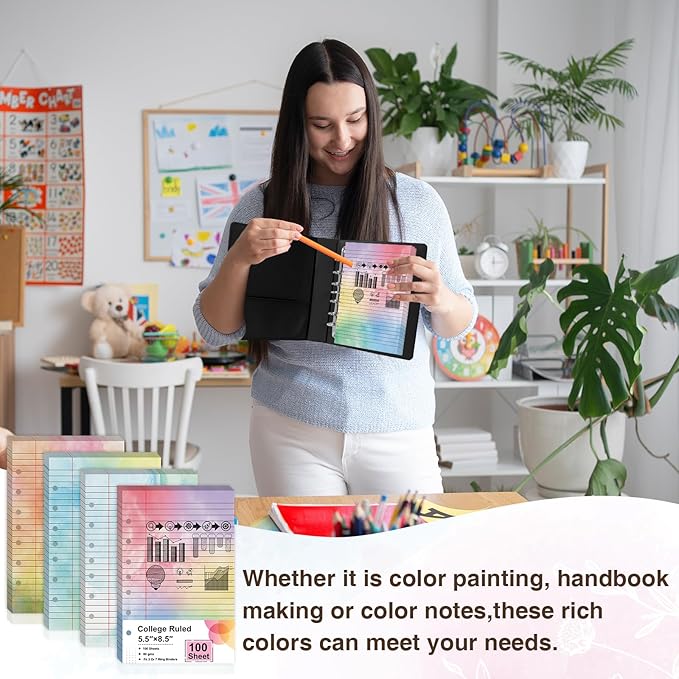 100 Sheet 5.5" x 8.5" Colored Loose Leaf Paper Half Letter Lined Paper 7 hole punched Wide Ruled Paper Refills College Ruled Notebook Paper Watercolor 80GSM For 3 Or 7 Ring Binders