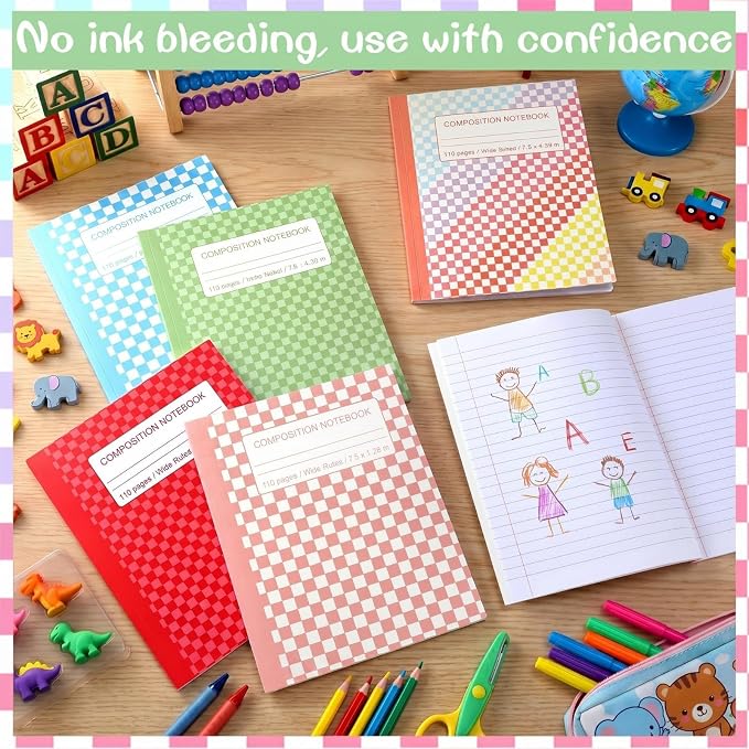 Fullhawl 6 Pcs Composition Notebook Wide Ruled Cute Preppy Colorful Checkered Aesthetic Notebook for Back to School 110 Page 9-3/4 x 7-1/2" Journal Gift for First Day of School, Student, Teacher Check
