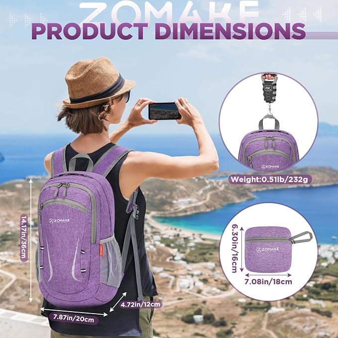 ZOMAKE Lightweight Packable Backpack, 20L Small Foldable Daypack for Hiking | Water Resistant Collapsible Backpacks for Women Men, Everyday Carry, Multi Compartment Storage,Adjustable Strap(Light Purple)