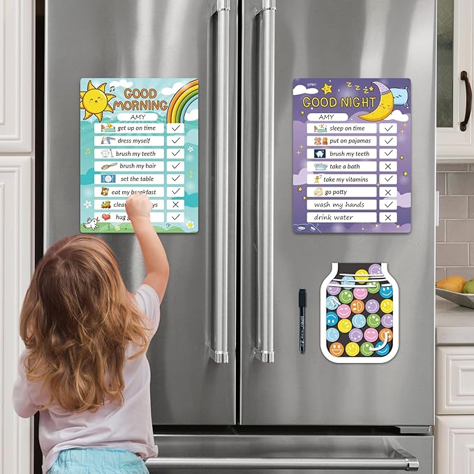 Magnetic Bedtime/Morning Routine Chart &Reward Jar for Kids -Toddler Morning Checklist Board,Daily Reward Routine Chart for Kids,Dry Erase Bedtime Reward Chart,Daily Schedule Chart at Home
