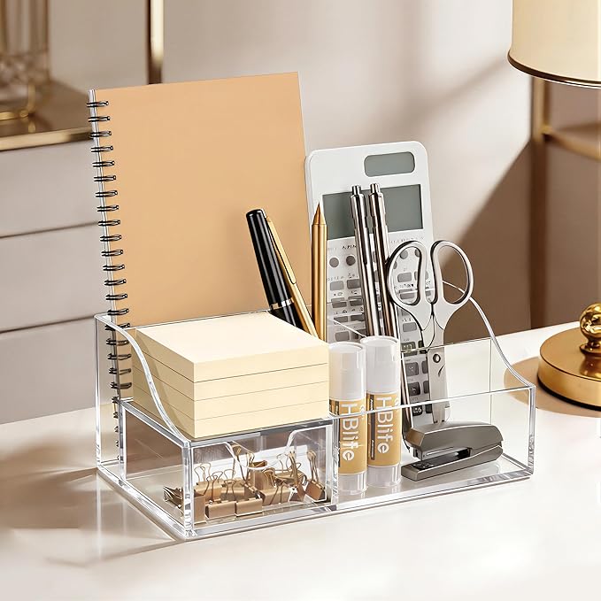 HBlife Acrylic Desk Organizer with 6 Compartments, Pen & Pencil Holder, Multifunctional Desktop Caddy for Office Supply and Organization (Clear)