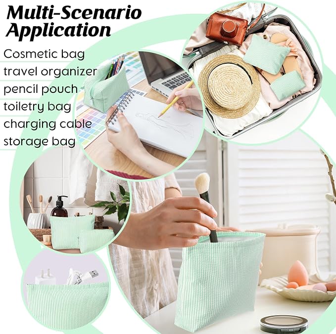 Huhumy 2 Pcs Makeup Bag Set for Women, Green, Thin Striped Seersucker | Cute Cosmetic Pouch Women Travel Toiletry Bag Preppy Small Makeup Purse Pouch Aesthetic Skincare Brushes Storage Organizer