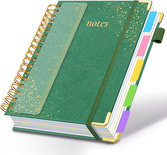 Hardcover Spiral Notebook with Removable Dividers & Tabs, 8.5"x11" 5 Subject Notebooks for Work, 300 Pages College Ruled Notebook, A4 Sparkle Lined Journal for Women Girls Note-Taking (Green)