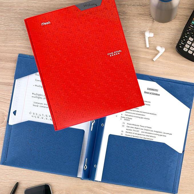 Five Star 2 Pocket Folder, Stay-Put Folder, Plastic Colored Folders with Pockets & Prong Fasteners for 3-Ring Binders, 8-1/2” x 11", Fire Red (72109) (Pack of 3)