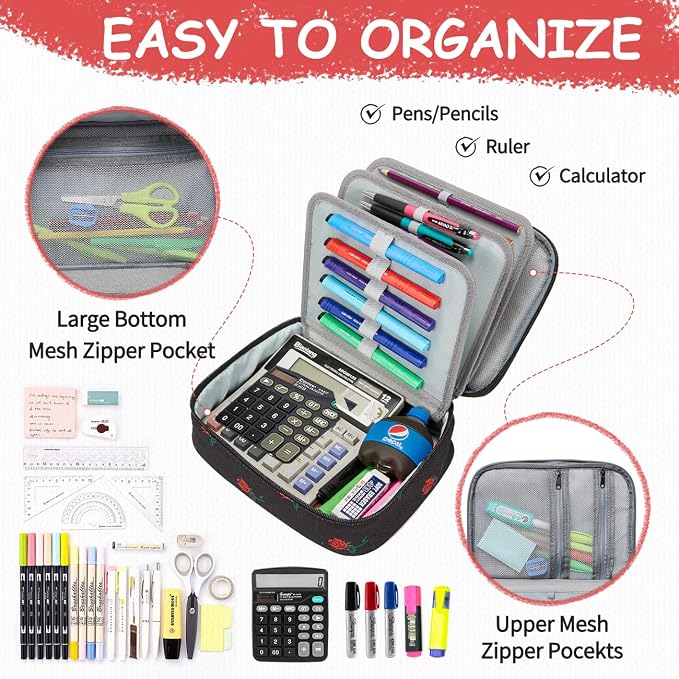VASCHY Large Pencil Case Bag, Art Supply Marker Organizer Big Pen Pouch with Detachable Layers Slots Multiple Zipper Pockets for Kids Adults School Office Black Rose