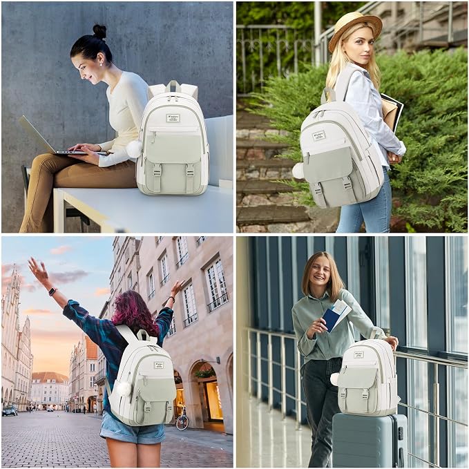 WINDARS School Backpack for Teen Girls, Cute College Backpacks for Women Students Aesthetic Bookbag Large 15.6 Inch Laptop Bag Middle School Travel Back Pack (Green Beige)