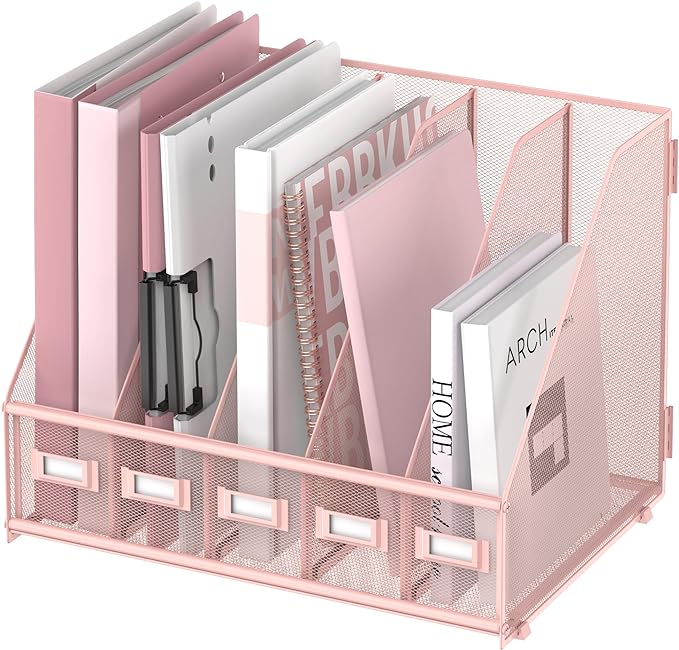 SUPEASY Desk Organizers Metal Desk Magazine File Holder with 5 Vertical Compartments Rack File Organizer for Office Desktop, Classroom, Home Workspace, Pink