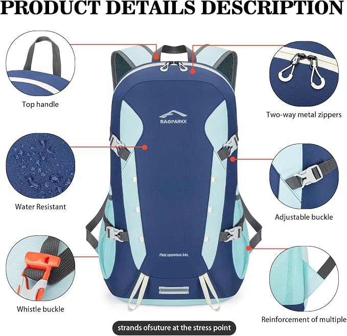 BAGPARKK 35L Ultra Lightweight Foldable Packable Hiking Backpack | Travel Backpack, Survival Whistle, Water-Resistant, Camping Daypack, Outdoor Sports, 0.88 pounds, Men & Women