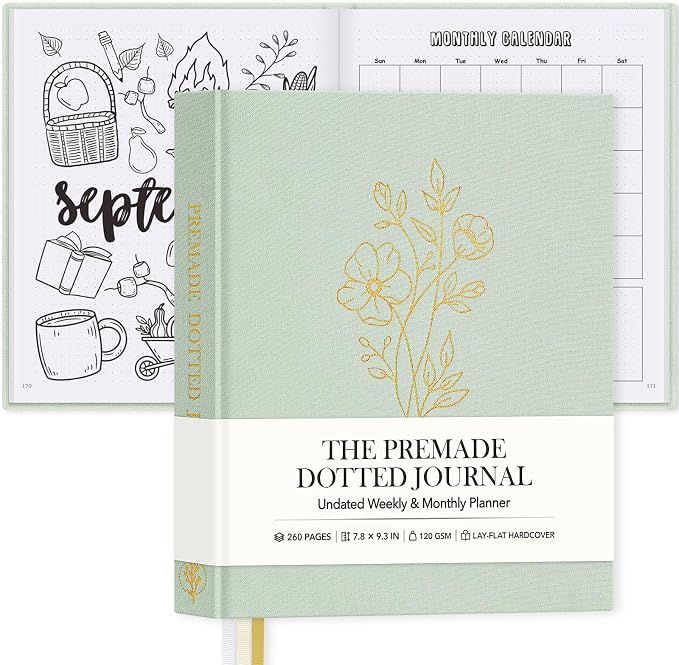 Everloria Premade Dotted Journal, 12 Months Pre-made Templates Bullet Notebook, 260 Hand-Drawn Coloring Pages, Undated Weekly & Monthly Planner, 7.8"x9.3" Linen Dot Grid Habit Mood Tracker, Sage Green