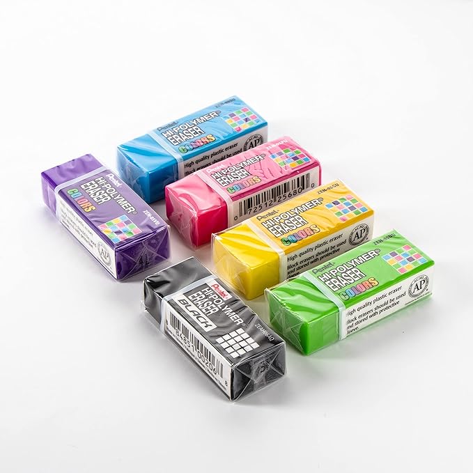 Pentel Hi-Polymer Eraser Colors – Small Assorted Block Erasers, Smudge-Free, Non-Abrasive, for School, Office & Art, Pack of 48 (ZEH05CRM-4)