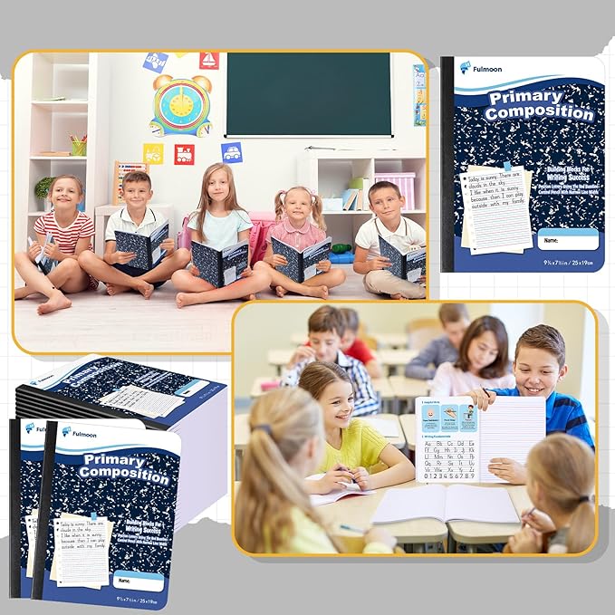 Fulmoon 24 Pack Primary Composition Notebook,Grade K-2 Journal Wide 3 Line Ruled,80 Pages,Marble Cover,7-1/2" x 9-3/4" Primary Writing Notebook for Kindergarten Preschool,1st 2nd Grad (Blue Color)