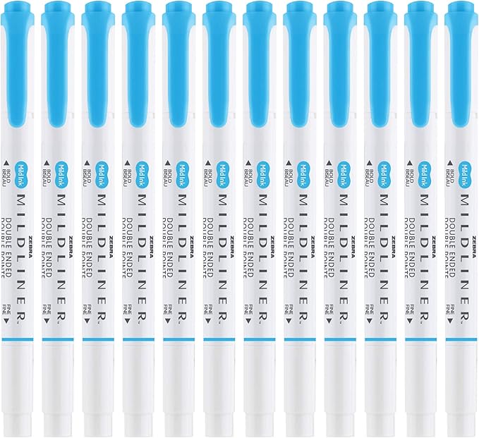 Zebra Pen Mildliner Dual-Tip Highlighters, Broad and Fine Tips, Ideal for Bible Highlighting, No Bleed, School Supplies, Teacher Supplies, and Office Supplies, Mild Cyan Ink, 12-Pack (78560upc)