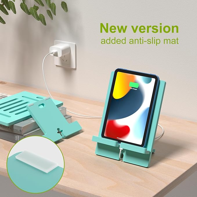 Pezin & Hulin Bamboo Tablet Stand, Adjustable Wood Pad Holder, Desktop Cell Phone Stand Holder Dock Compatible with Tablet, E-Reader, and All Phone (Support to 4.7-13" Devices) - Teal