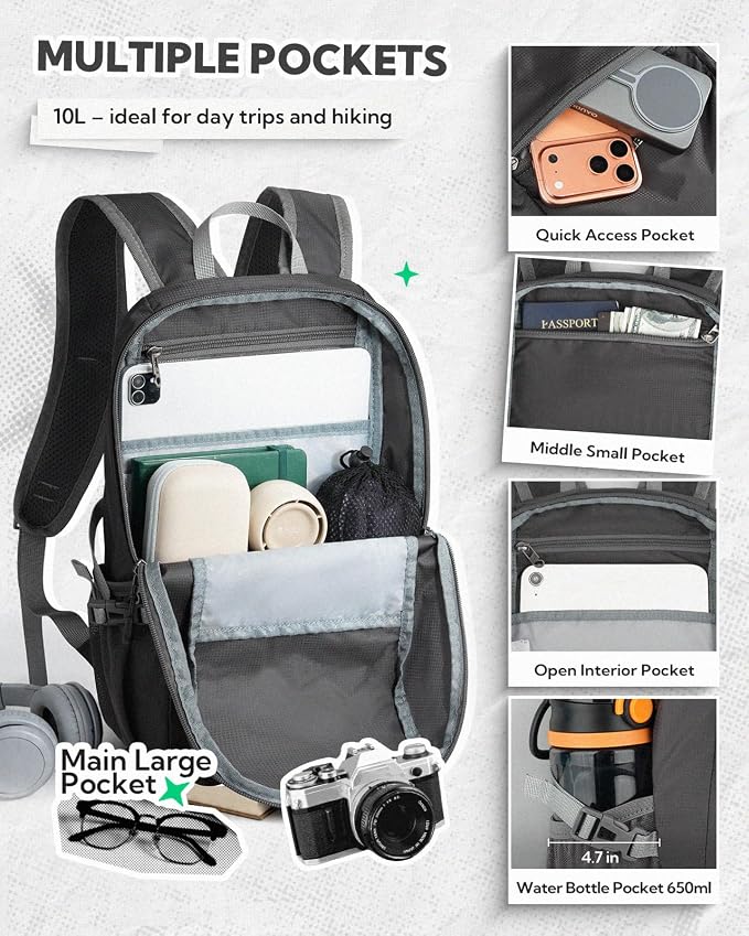 WATERFLY Small Packable Travel Backpack: 10L Ultra-Light Daypack for Adults | 9.2 oz,Water-Resistant Nylon,Breathable Mesh Straps,Reflective Strips,Emergency Whistle,Multi-Pockets,Hiking,Cycling,Commute