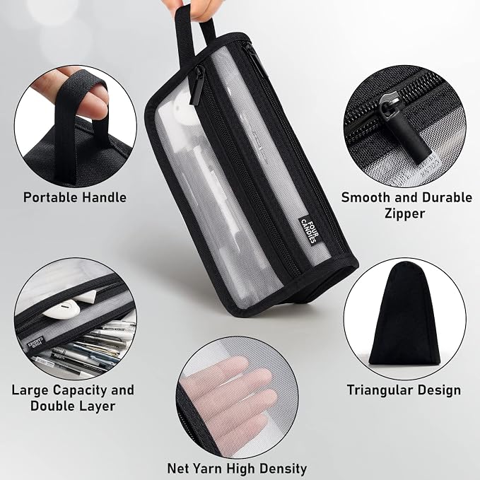 Four Candies Grid Mesh Pencil Case, Clear Double-layer with Handle (Black) | Smooth Zipper, Transparent Pencil Pouch, Cute Stationary, Makeup Bag, Travel Friendly, for Adult Office College