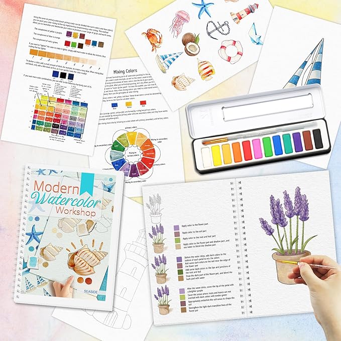 2Pcs Watercolor Workbook Beginner Friendly Watercolor Workbook with 12 Colors Paint Color, Watercolor Paper, Beginner Watercolor Painting Kit with Step by Step for Adults Teens Valentine's Day Gift