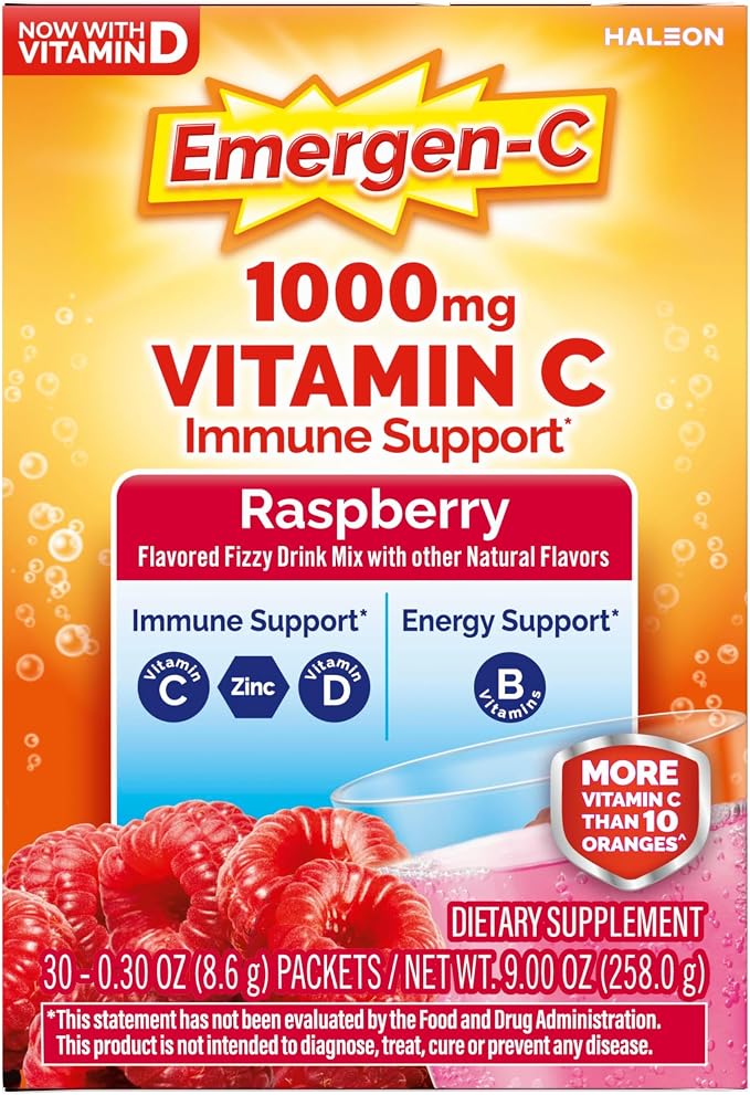 Emergen-C 1000mg Vitamin C Immune Support Powder Raspberry 30CT includes Zinc, Manganese, 7 B Vitamins and Electrolytes for Back to School Essentials
