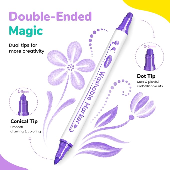 Pagather Washable Markers, 24 Colors Dual Tip Dot & Conical Pens for Kids