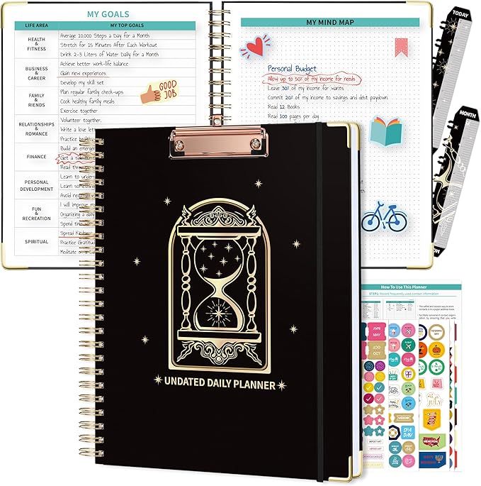 Ospelelf Spiral Bound Undated Planner Daily Weekly Monthly Student Planner 2026 Black Hourly Work Planner Hardcover 8.5 x 11
