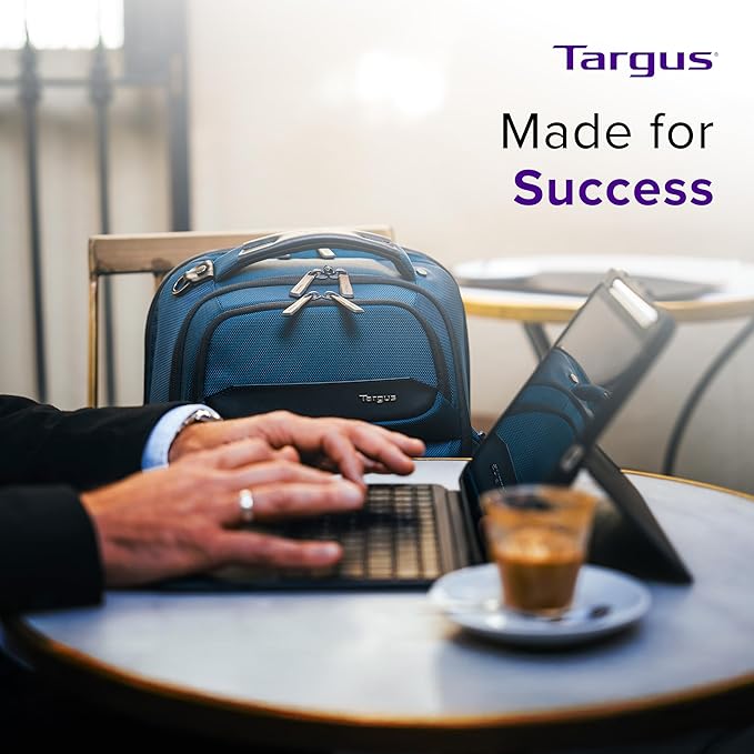 Targus HeritageLuxe Backpack 15-16” – Blue Laptop Bag with SafeSling Protection, RFID Pocket, USB-C Charging, Tracker Slot, Eco Fabric, Leather Accents - TBB65602GL
