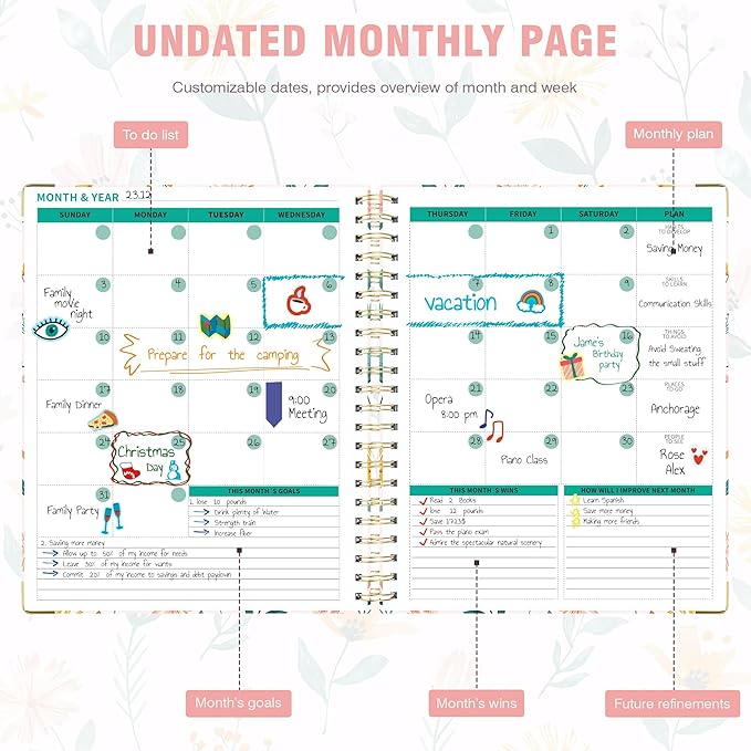Ospelelf Undated Spiral Bound Planner 2026 Daily, Weekly and Monthly Planners, Pink Teacher Planner 12 Month 8.5 x 11