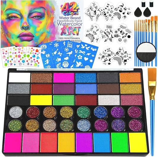 Professional Face Painting Kit – 42 Color Water Activated Makeup with 30g Black & White Face Paint, Non-Toxic, Includes Stencils, Gems & Brushes – Halloween, Parties, Carnival & Festivals