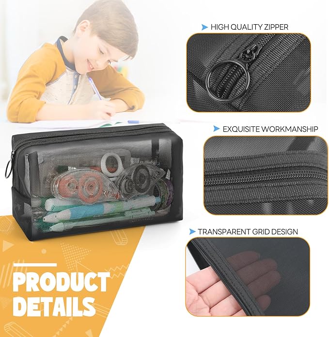 Mesh Pencil Case 3 Pack Clear Pencil Pouch, Pencil Bag, Cosmetic Toiletry Bag for Purse, College Essentials School Supplies (Black)