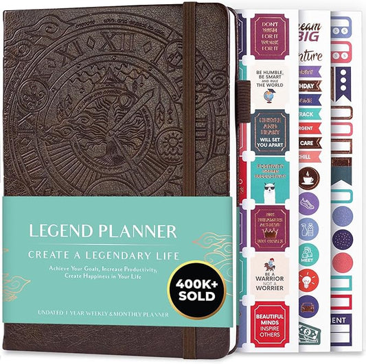 Legend Planner – Undated Weekly & Monthly Life Planner to Hit Your Goals & Live Happier, Organizer Notebook & Productivity Journal, A5 (Dark Brown)
