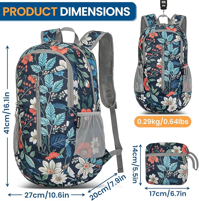 ZOMAKE Lightweight Packable Backpack 25L, Foldable Hiking Daypack | Water Resistant Small Folding Backpacks for Travel, Everyday Carry, Multi-Pocket Layout, Breathable Shoulder Strap
