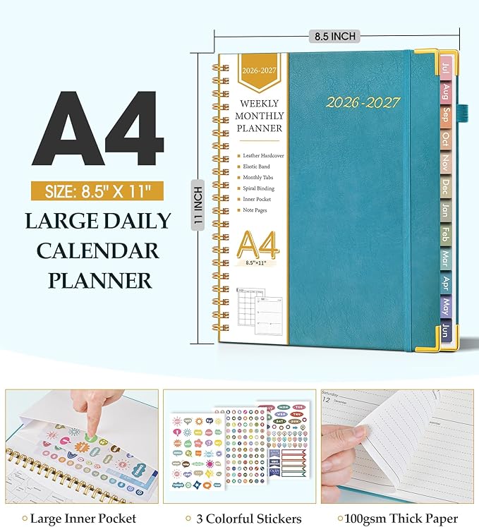 Academic Planner 2026-2027, Hardcover Leather Weekly and Monthly Calendar Planner from July 2026 - June 2027, A4 8.5" x 11" Daily Agenda with Tabs, College School Organizer for Student Teacher, Pacific Green