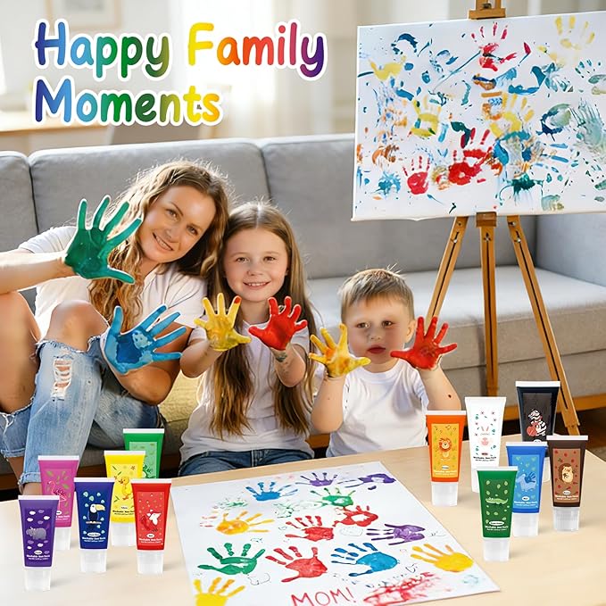 Washable Finger Paint with a Sponge Head, 12 Colors (1.69fl oz/Tube) Non-Toxic, Toddler Painting Set for Kids Boys Girls Gifts, Hand-Painted DIY, Ages 1-3 4 5 6+
