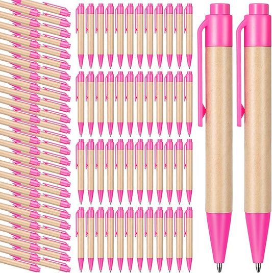 Sabary 100 Pcs First Day of School Pens Bulk Kraft Paper Ballpoints Retractable Black Click Pens 1 mm Recycled Paper Ballpoint for School Coworkers Writing Office Supplies(3.93 Inch,Pink)