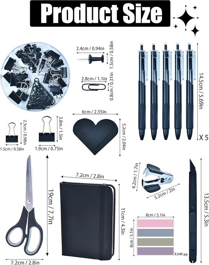 Black Desk Accessories, 24Pcs Office Supplies and Desk Organizers, with Tape Dispenser, Stapler, Staple Remover, Ect, Gift Box Packaging