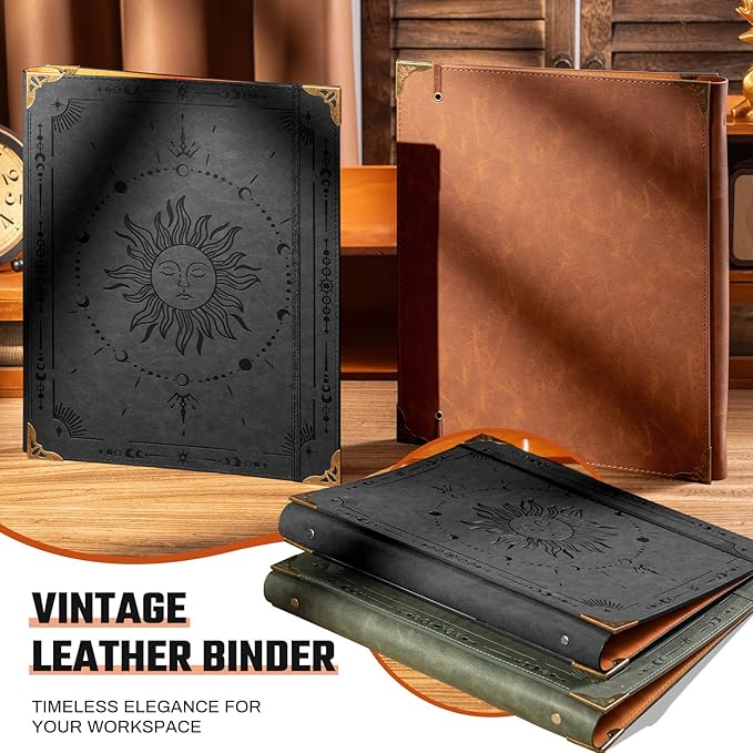 Ovesmusl PU Leather 3 Ring Binder 1 Inch Round Ring Binder Holds 200 Sheets 8.5"x11" Letter Size Paper, Wedding Family History Notebook Cover Loose Leaf Organizer, Black