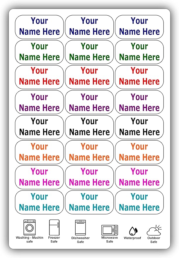 24 Large Personalized Waterproof Name Labels. Press and Stick Multi use Custom Name Labels. Customized 2 Lines of Text and Color. ID Identification Name Stickers with Permanent Self Adhesive.