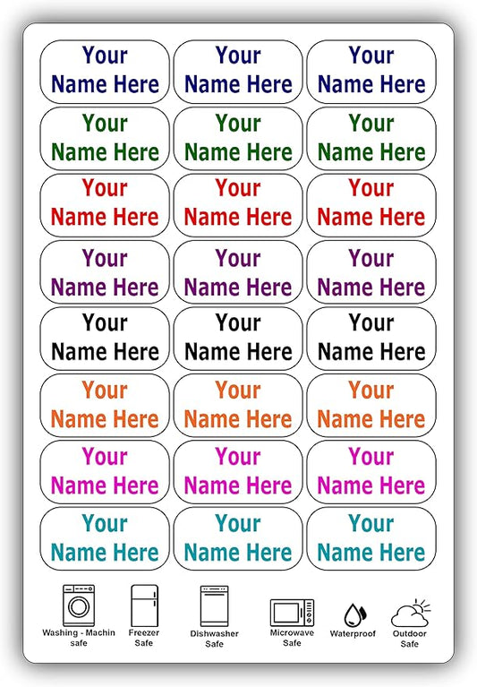 24 Large Personalized Waterproof Name Labels. Press and Stick Multi use Custom Name Labels. Customized 2 Lines of Text and Color. ID Identification Name Stickers with Permanent Self Adhesive.