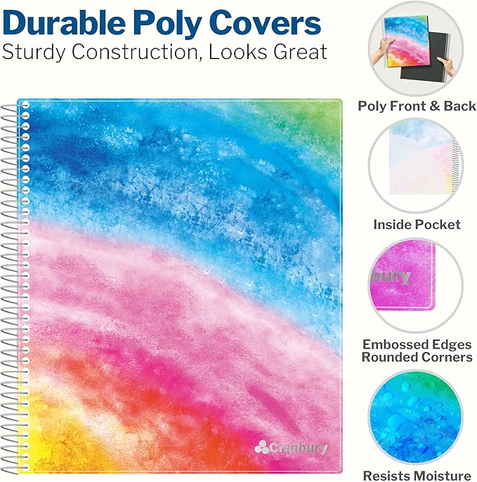 CRANBURY 5-Subject Notebook College Ruled, Movable Pocket Dividers with Tabs, 200 Sheets (400 Pages) 8.5x11 Paper, Colorful Spiral Notebook, Protective Plastic Covers, Multi Subject
