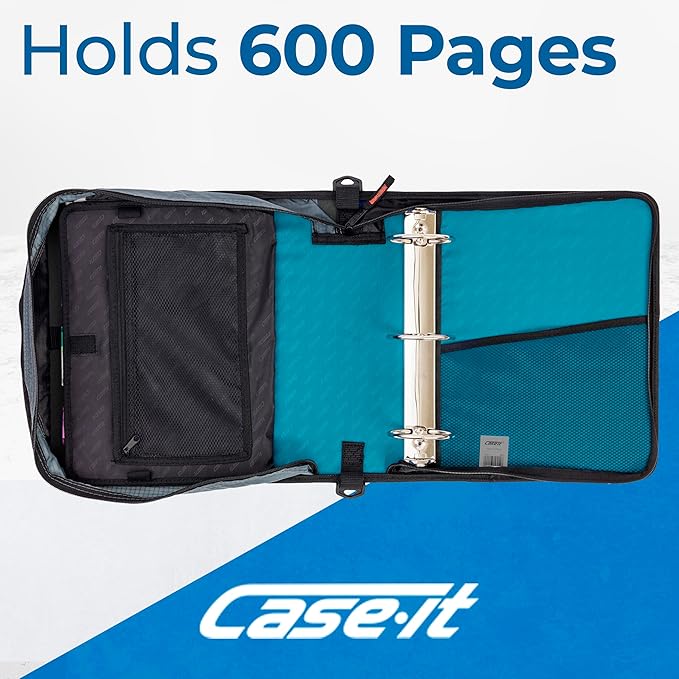 Case-it Mighty Zip Tab School Zipper Binder | 3-Inch O-Rings, 600-Sheet Capacity, 5-Subject Expanding File Folder, Multiple Pockets & Storage Organizer, Shoulder Strap | D-146 Teal