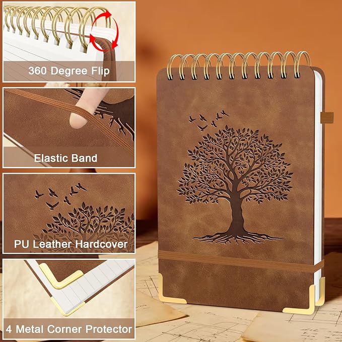 A5 Top Spiral Notebook, Tree Pattern Large Leather Hardcover Left Handed Journal, 240 Pages 100 Gsm Lined Paper Top Bound Steno Pads for Work, School, Travel Writing - Brown, 5.9" x 8.5"