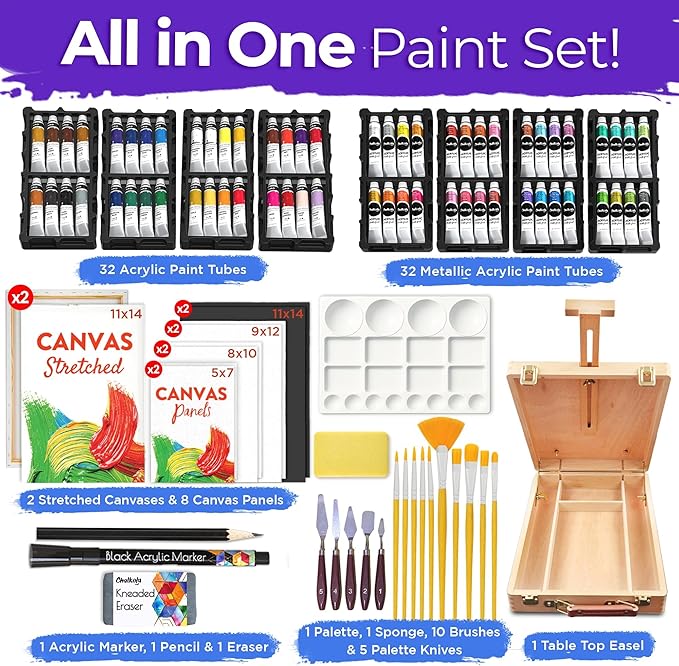 Chalkola 95 Pcs Acrylic Painting Kit for Adults | 64 Acrylic Paint Set, Wood Tabletop Easel, Canvas, Art Brushes, Palette, Knife - Professional Canvas Painting Supplies for Artists & Beginners