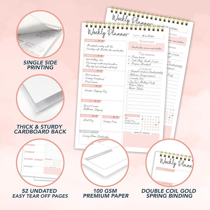 Decorably 52 Sheets Nude Pink Undated Weekly Planner Notepad Tear Off, 6.5x10in Spring-Bound Design, with Focus, Priorities, to Do List, Habit Tracker, Notes and Doodles - Home, School, Office