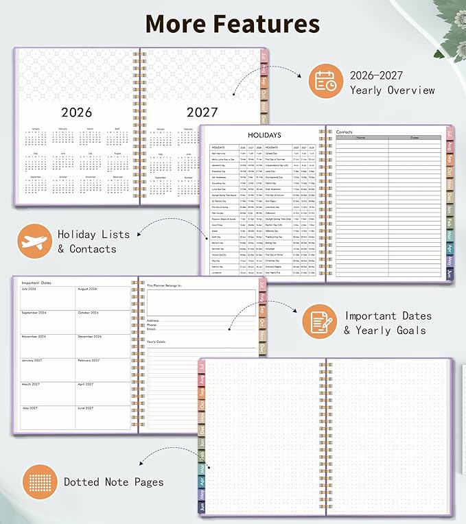 Academic Planner 2026-2027, Weekly and Monthly Calendar Planner from July 2026 - June 2027, 6.1" x 8.2" A5 Large Daily Agenda Book with Tabs, Flexible Cover, College School Organizer for Student Teacher, Purple