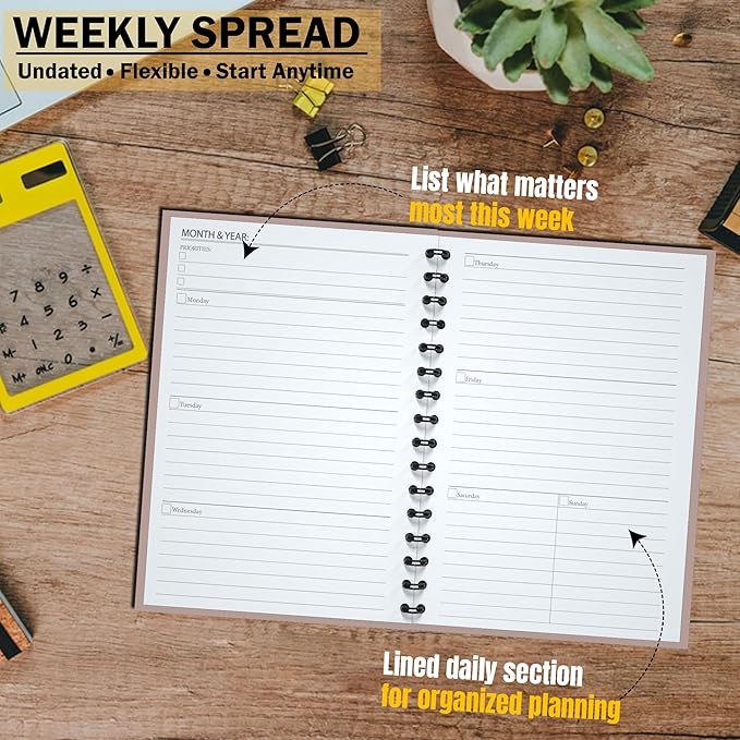 Undated Monthly and Weekly Planner - 12 Month Calendar Planner Notebook with Week Days - Hardcover Undated Planners Blank Agenda Book - A5 Pink