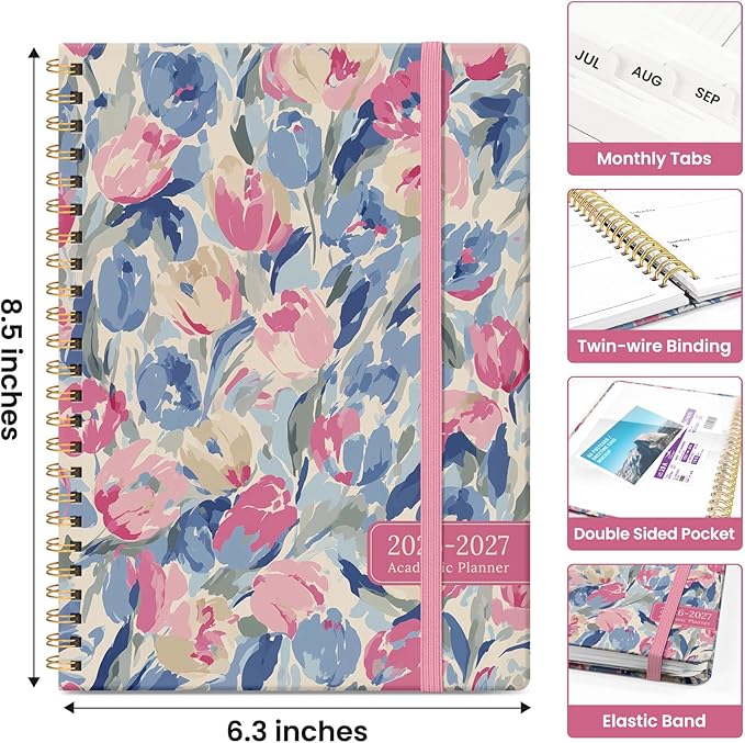 Planner 2026–2027, Academic Monthly Weekly Spiral Calendar, July 2026 – June 2027, Hardcover Agenda Notebook with Tabs, 6.3" x 8.5", Perfect for Students, Teachers, School & Daily Planning - Soft Blossoms