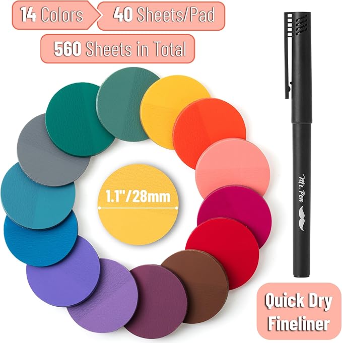 Mr. Pen- Round Transparent Sticky Notes, 1.1” Diameter, 14 Pads, 560 Sheets, Colorful, Water-Resistant See-Through Sticky Notes & Fineliner, Smooth Writing, Note Tabs for Bible Journaling, Studying