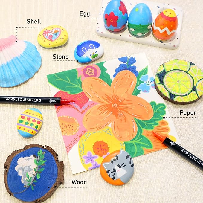 Recheel 72 Colors Acrylic Paint Markers, Dual Tip with Fine Tip and Brush Tip Pens for Stone, Wood, Canvas, Glass, Ceramic, Metal, Rock, Fabric, DIY Art Projects