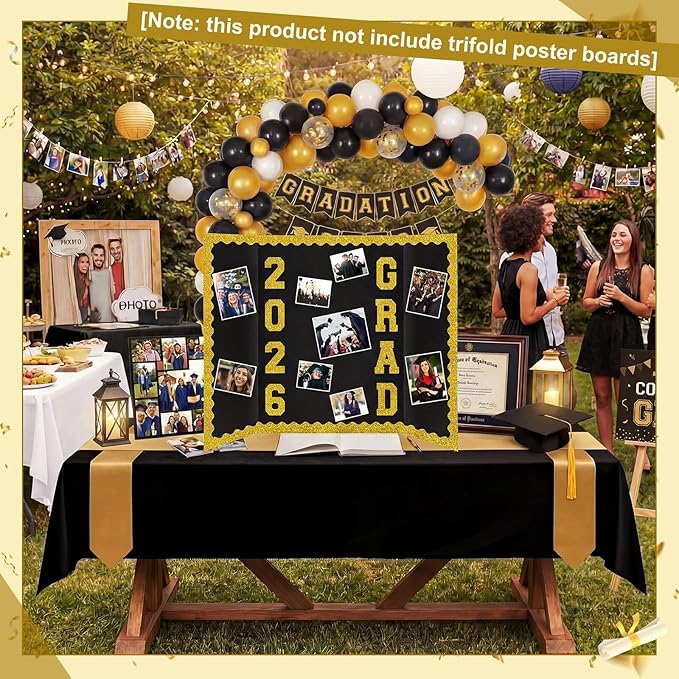 Gold 175 Pcs Graduation Photo Display Board Sticker Glitter Border Trim Alphabet Letter Number for 2026 Grad Party Trifold Poster Photo Display Event Displays Bulletin Board